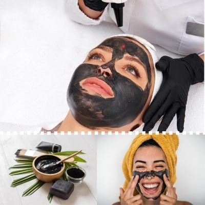 Mulher a receber aplicação de máscara facial negra, produtos para máscara sobre folhas e mulher sorridente a aplicar máscara negra