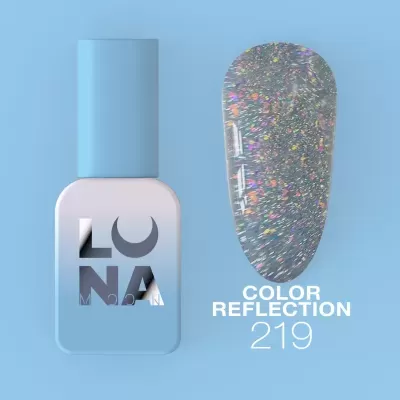 Verniz de unha azul claro com texto LUNA MANICURE e amostra holográfica COLOR REFLECTION 219