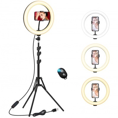 Anel de luz LED com tripé e suporte para telemóvel, controle remoto e três modos de luz