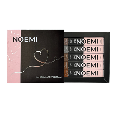 Conjunto de tintas gel para sobrancelhas NOEMI em caixa preta e rosa