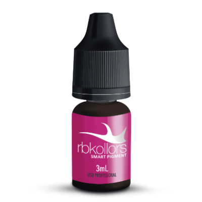Frasco pequeno de pigmento rosa com tampa preta e texto branco
