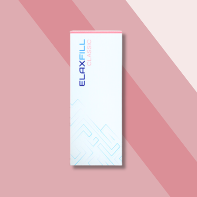 Embalagem de Elaxfill Classic em fundo geométrico rosa