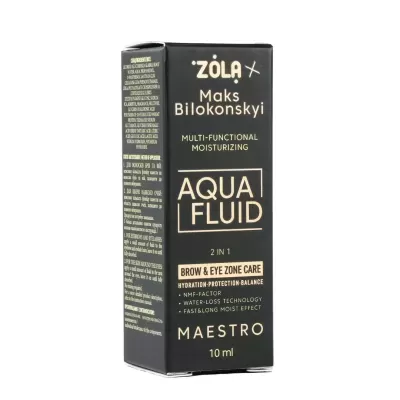 Embalagem preta com texto dourado de hidratante multifuncional Aqua Fluid 10 ml