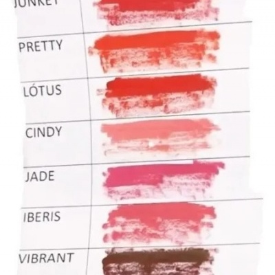 Amostras coloridas de batons em tons vermelhos e rosa com nomes em texto ao lado