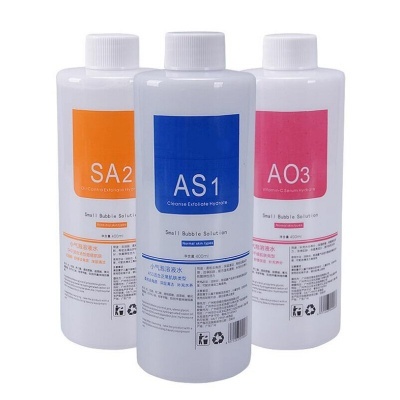 Frascos plásticos de solução para bolhas com rótulos coloridos SA2, AS1 e AO3