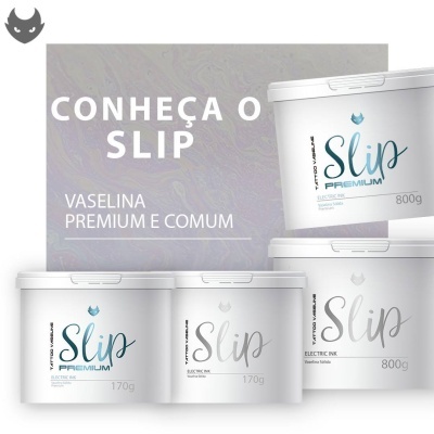Embalagens brancas de vaselina Slip, tamanhos 170g e 800g, com texto azul e cinza