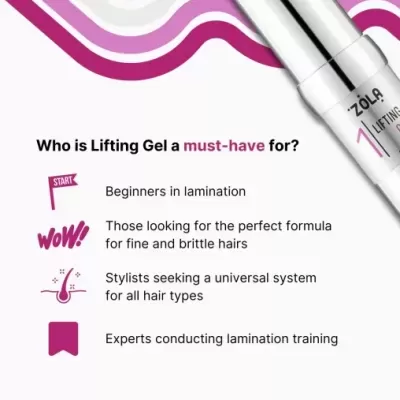 Frasco branco e prateado de gel lifting ZÖLA com descrição em inglês sobre o uso do produto.