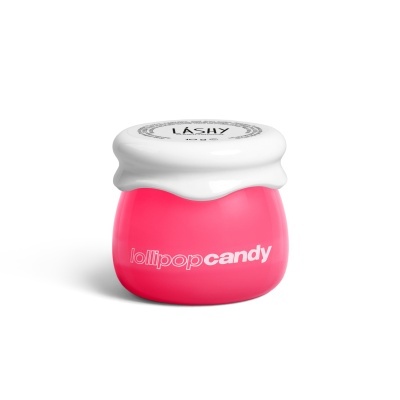 Frasco pequeno rosa com tampa branca e textos 'lollipop candy' e 'LASHY'
