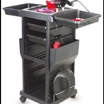 Carrinho de salão de beleza preto com acessórios e rodas