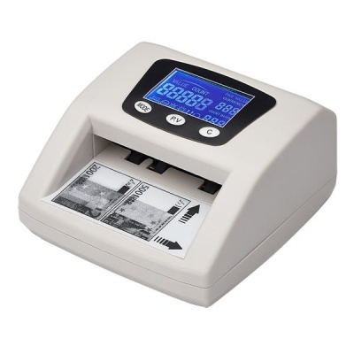 Contador de dinheiro eletrônico cinza claro com visor LCD azul e notas simuladas de euros