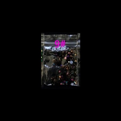 Pacote plástico com glitter colorido e número 9# em rosa