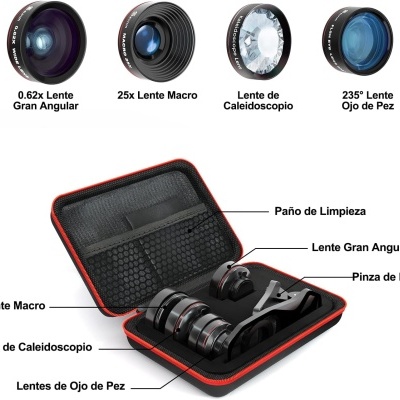 Conjunto de lentes para smartphone com estojo preto e bordas vermelhas