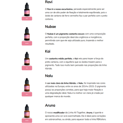 Cinco frascos pequenos com etiquetas cor-de-rosa com nomes de pigmentos
