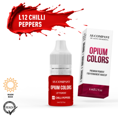 Frasco de pigmento labial vermelho Opium Colors L12 Chilli Peppers com embalagem caixa branca e vermelha