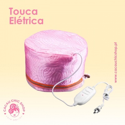 Touca elétrica rosa com cabo e controle em fundo amarelo