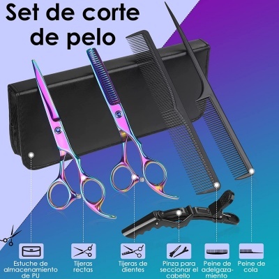 Conjunto de corte de cabelo com tesouras coloridas, pentes e estojo preto
