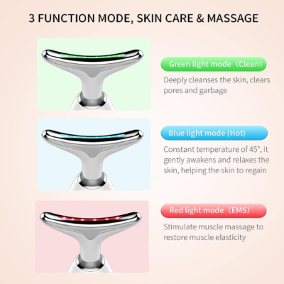 Dispositivo de massagem com luzes verde, azul e vermelha para diferentes modos de cuidado da pele