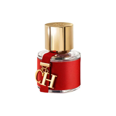 Frasco de perfume com tampa dourada e corpo em vidro com revestimento vermelho e pendente CH