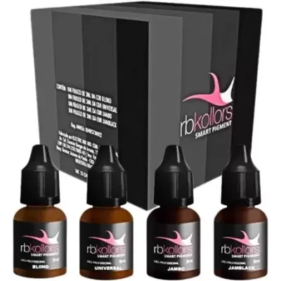 Conjunto de pigmentos rbkollors com quatro frascos pequenos e caixa preta