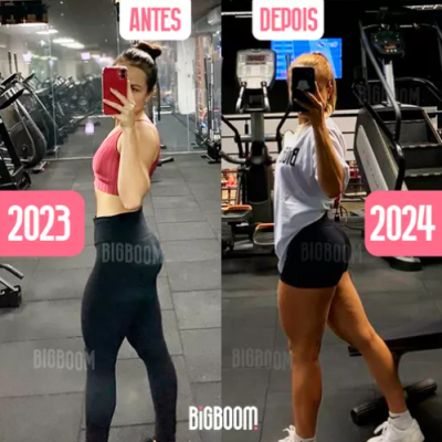 Mulher a tirar selfie no ginásio antes e depois, com roupas de treino diferentes e anos 2023 e 2024