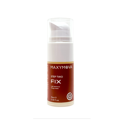 Frasco creme fixador MAXYMOVA castanho e branco com doseador e tampa transparente