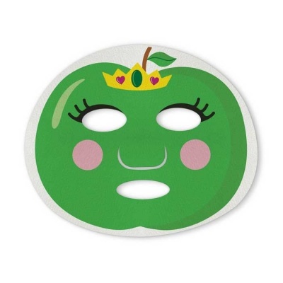Máscara facial em formato de maçã verde com coroa amarela e feições desenhadas