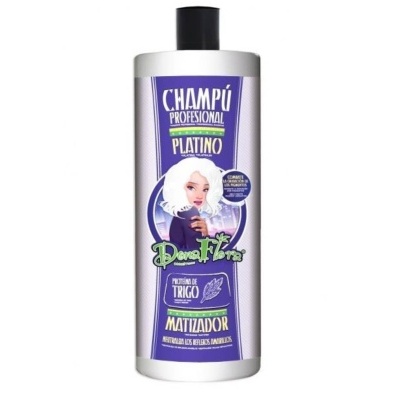 Frasco de champô profissional platino com rótulo roxo e imagem de mulher com cabelo branco