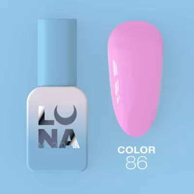 Verniz de unhas azul claro com rótulo LUNA e amostra rosa com texto COLOR 86