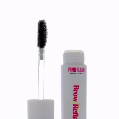 Gel para sobrancelhas Pink Flash Brow Reflash com embalagem colorida e escova aplicadora.