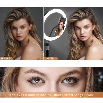 Mulher loira fotografada com e sem anel de luz LED mostrando efeito Angel Eyes.