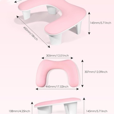 Assento elevatório de sanita rosa com pernas brancas e medidas indicadas