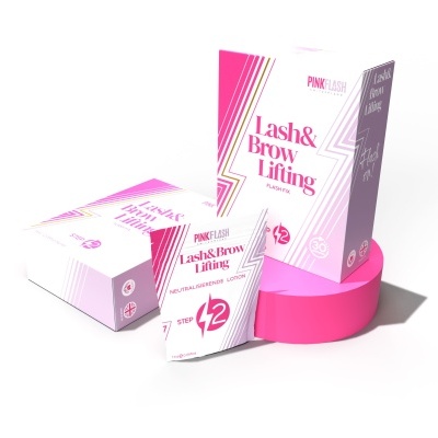 Produtos de Lash & Brow Lifting da marca PINK FLASH em embalagens brancas e rosa