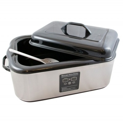 Aquecedor de pedras para massagem em inox com tampa preta e colher branca