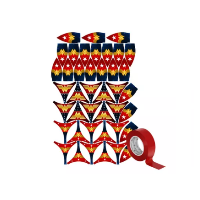 Conjunto de autocolantes coloridos e fita adesiva vermelha em fundo branco