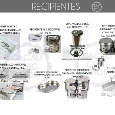 Vários recipientes plásticos e de aço inoxidável com etiquetas e preços para armazenamento e esterilização de material.