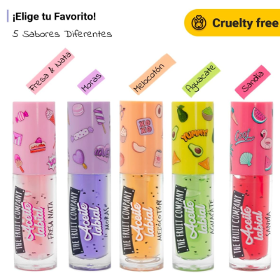 Cinco batons líquidos coloridos da THE FRUIT COMPANY com temas de frutas e doces e selo Cruelty free