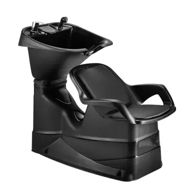 Cadeira de cabeleireiro preta com lavatório integrado e torneira