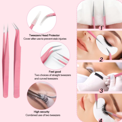 Conjunto de pinças cor-de-rosa para pestanas com instruções de uso e protetores de cabeça