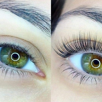 Olho com pestanas naturais e olho com pestanas longas e volumosas ao lado