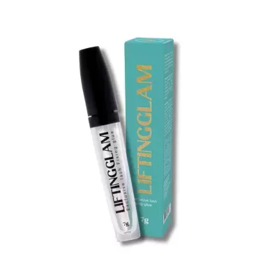 Frasco de gloss labial transparente com tampa preta e embalagem azul turquesa com texto dourado 'LIFTINGGLAM'