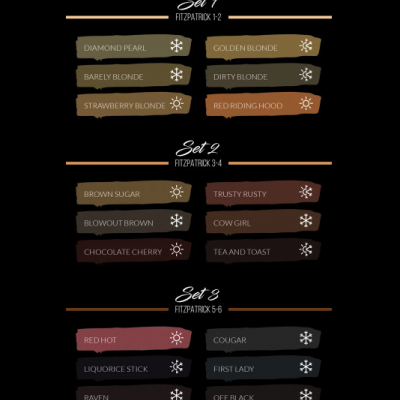 três conjuntos de amostras de cores de cabelo com nomes e ícones de sol e flocos de neve