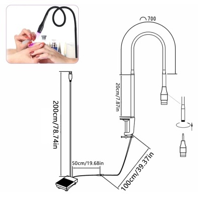 Suporte de lâmpada flexível preto com mãos a polir unhas no canto superior esquerdo.