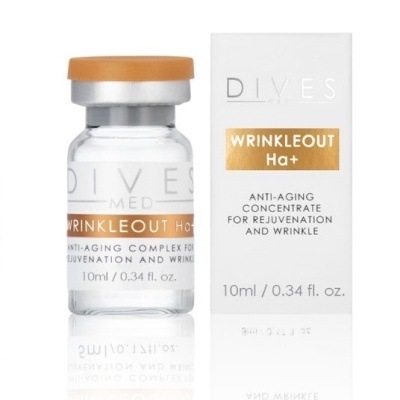 Frasco e caixa do produto cosmético Dives Med Wrinkleout Ha+