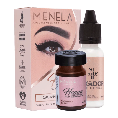 Conjunto de coloração para sobrancelhas Menela castanho claro com embalagem rosa
