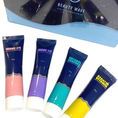 Kit de laminação de pestanas Beauty Wave com quatro tubos coloridos e caixa preta e azul