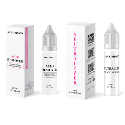 Frascos e embalagens de ACID REMOVER e NEUTRALIZER para remoção de tatuagens da AS COMPANY