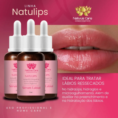 Frascos de sérum labial Natulips com conta-gotas e texto sobre hidratação de lábios