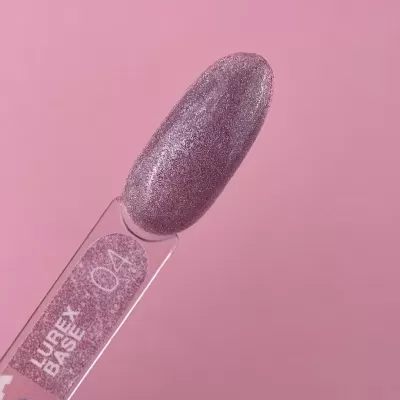 Mostrador de verniz para unhas rosa cintilante com glitter e texto LUREX BASE 04.