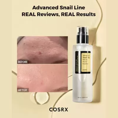 Produto cosmético COSRX Advanced Snail 96 Mucin Power Essence com fotos antes e depois no rosto