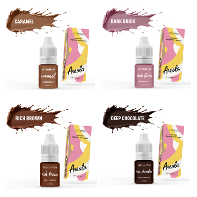 Frascos de tinta para sobrancelhas Areola em várias cores com embalagens coloridas.